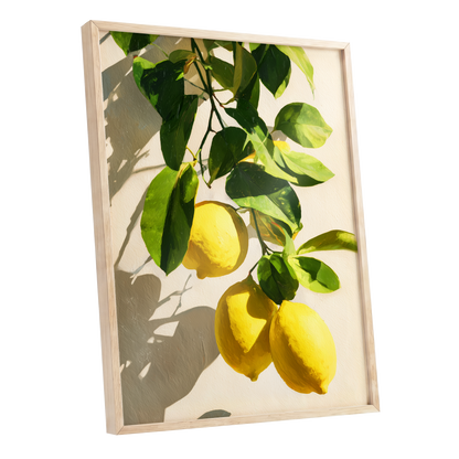 Citrus in High Summer, green, yellow, beige nature wall art shown as a oak framed poster wall art print