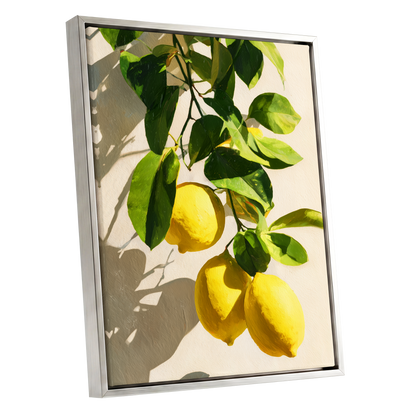 Citrus in High Summer, green, yellow, beige nature wall art shown as a silver framed canvas wall art