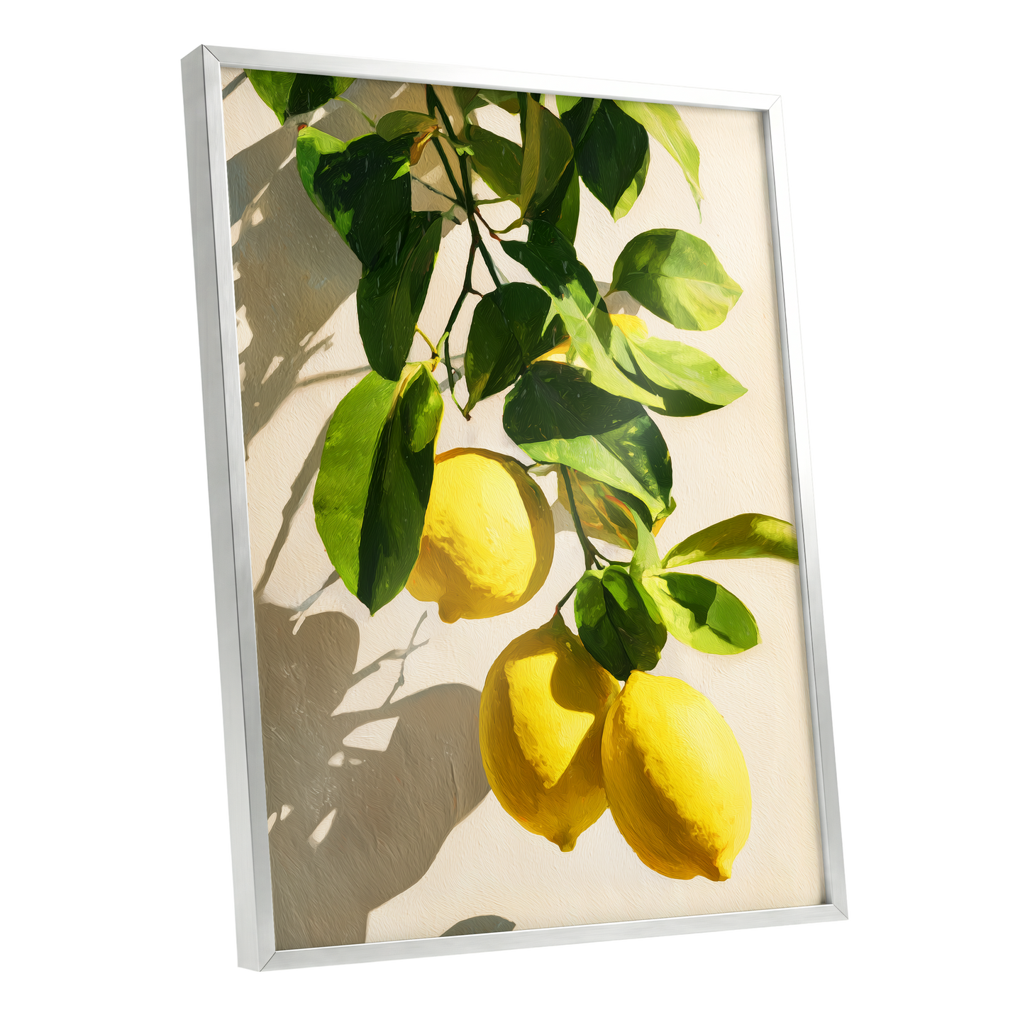 Citrus in High Summer, green, yellow, beige nature wall art shown as a silver framed poster wall art print