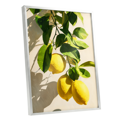 Citrus in High Summer, green, yellow, beige nature wall art shown as a silver framed poster wall art print