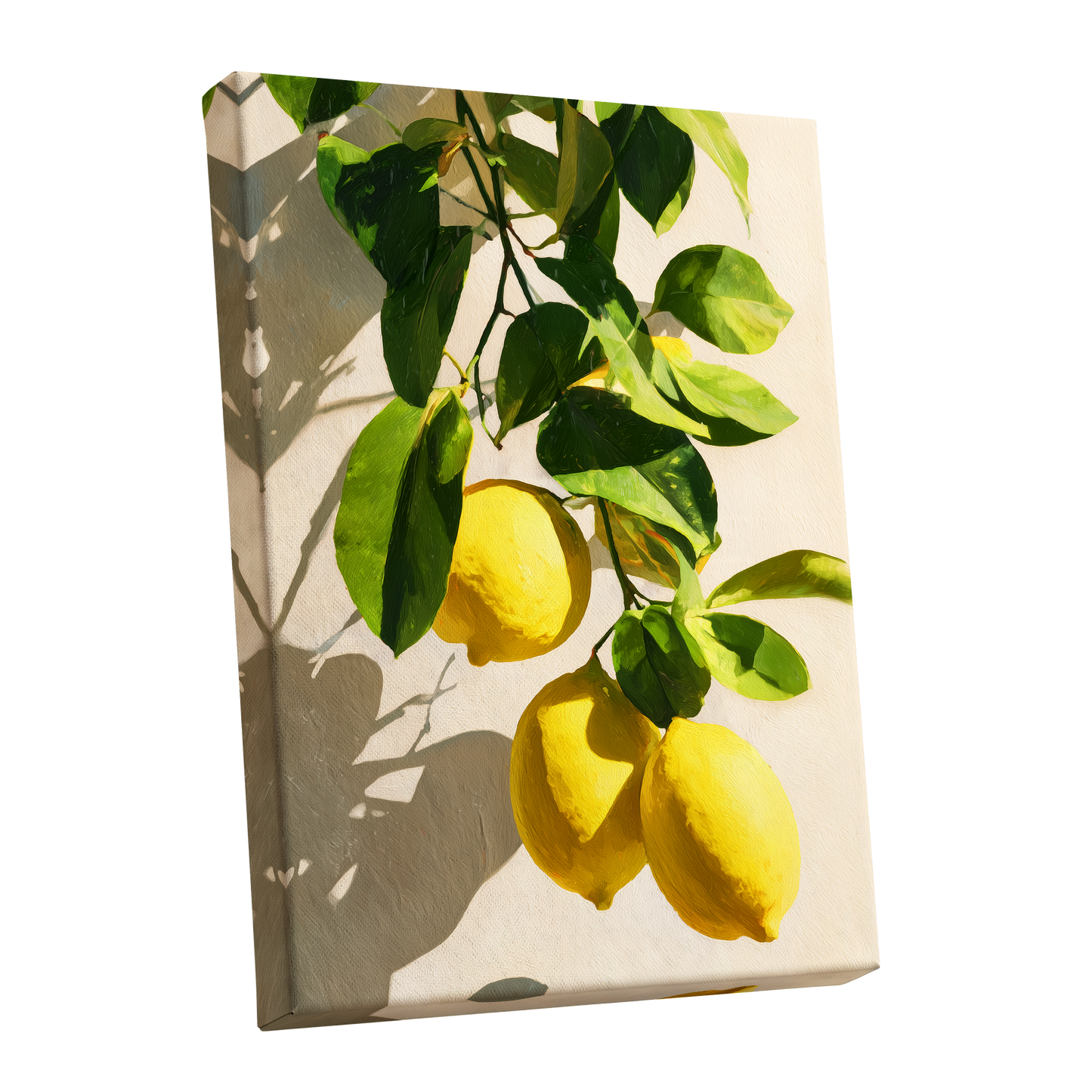 Citrus in High Summer, green, yellow, beige nature wall art shown as a stretched canvas wall art