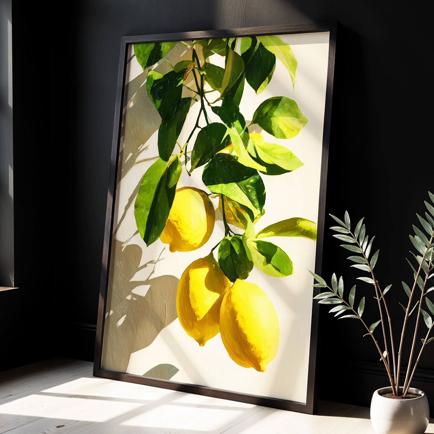 Citrus in High Summer, green, yellow, beige nature wall art displayed in a styled interior, gallery view 2