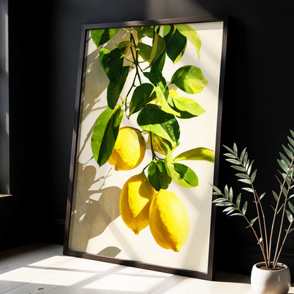 Citrus in High Summer, green, yellow, beige nature wall art displayed in a styled interior, gallery view 2