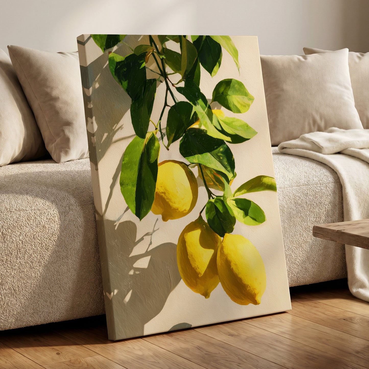 Citrus in High Summer, green, yellow, beige nature wall art displayed in a styled interior, gallery view 3