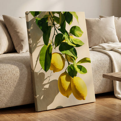Citrus in High Summer, green, yellow, beige nature wall art displayed in a styled interior, gallery view 3