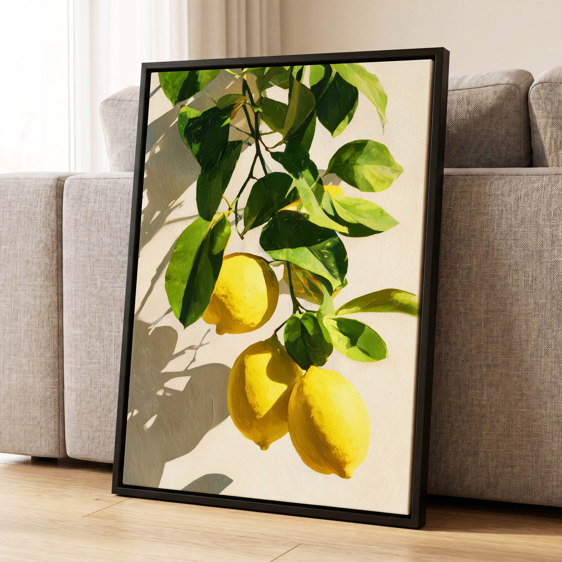 Citrus in High Summer, green, yellow, beige nature wall art displayed in a styled interior, gallery view 4