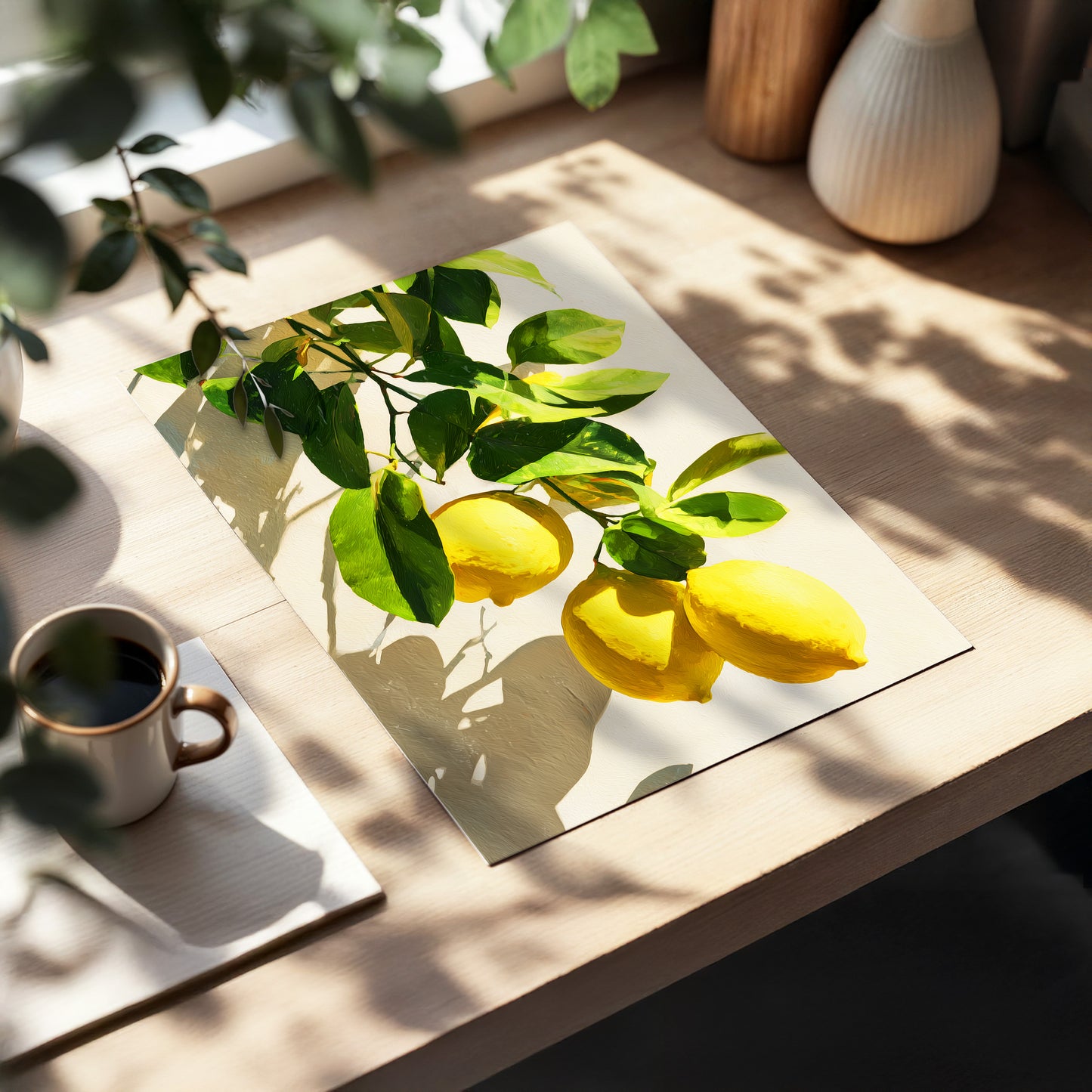 Citrus in High Summer, green, yellow, beige nature wall art displayed in a styled interior, gallery view 5