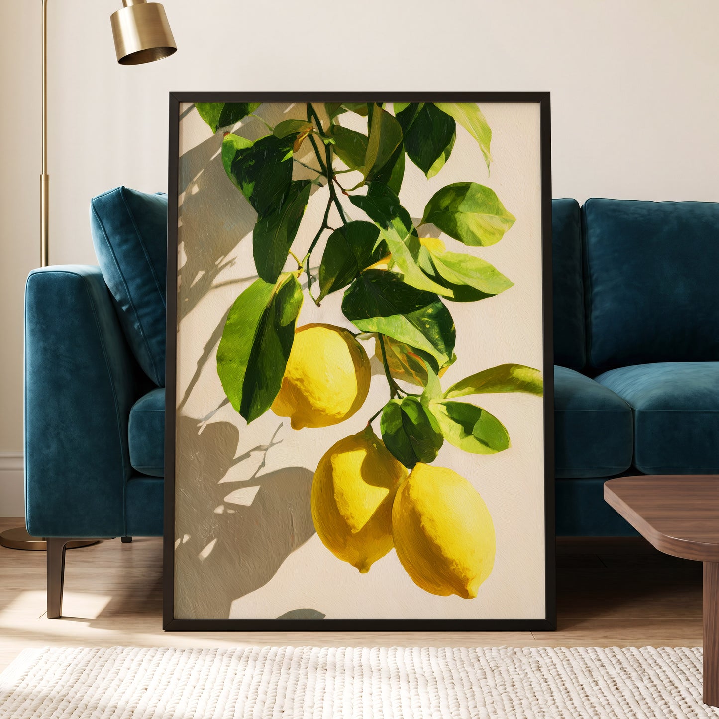 Citrus in High Summer, green, yellow, beige nature wall art displayed in a styled interior, gallery view 6