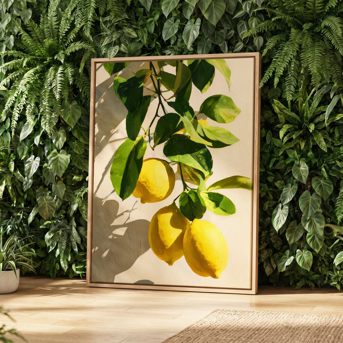 Citrus in High Summer, green, yellow, beige nature wall art displayed in a styled interior, gallery view 8