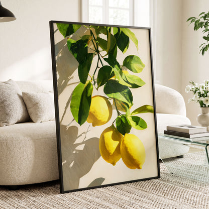 Citrus in High Summer, green, yellow, beige nature wall art displayed in a styled interior, gallery view 9