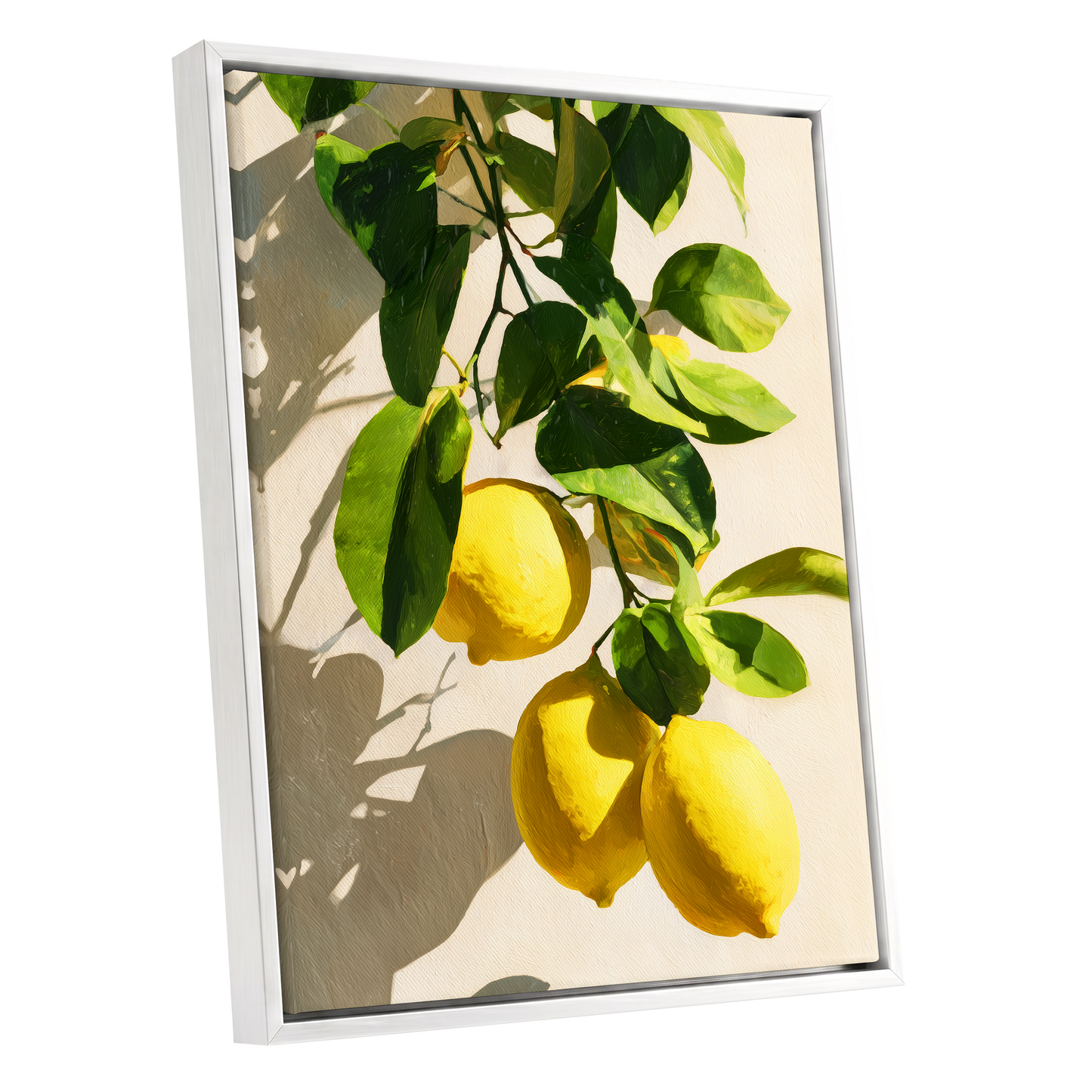 Citrus in High Summer, green, yellow, beige nature wall art shown as a white framed canvas wall art