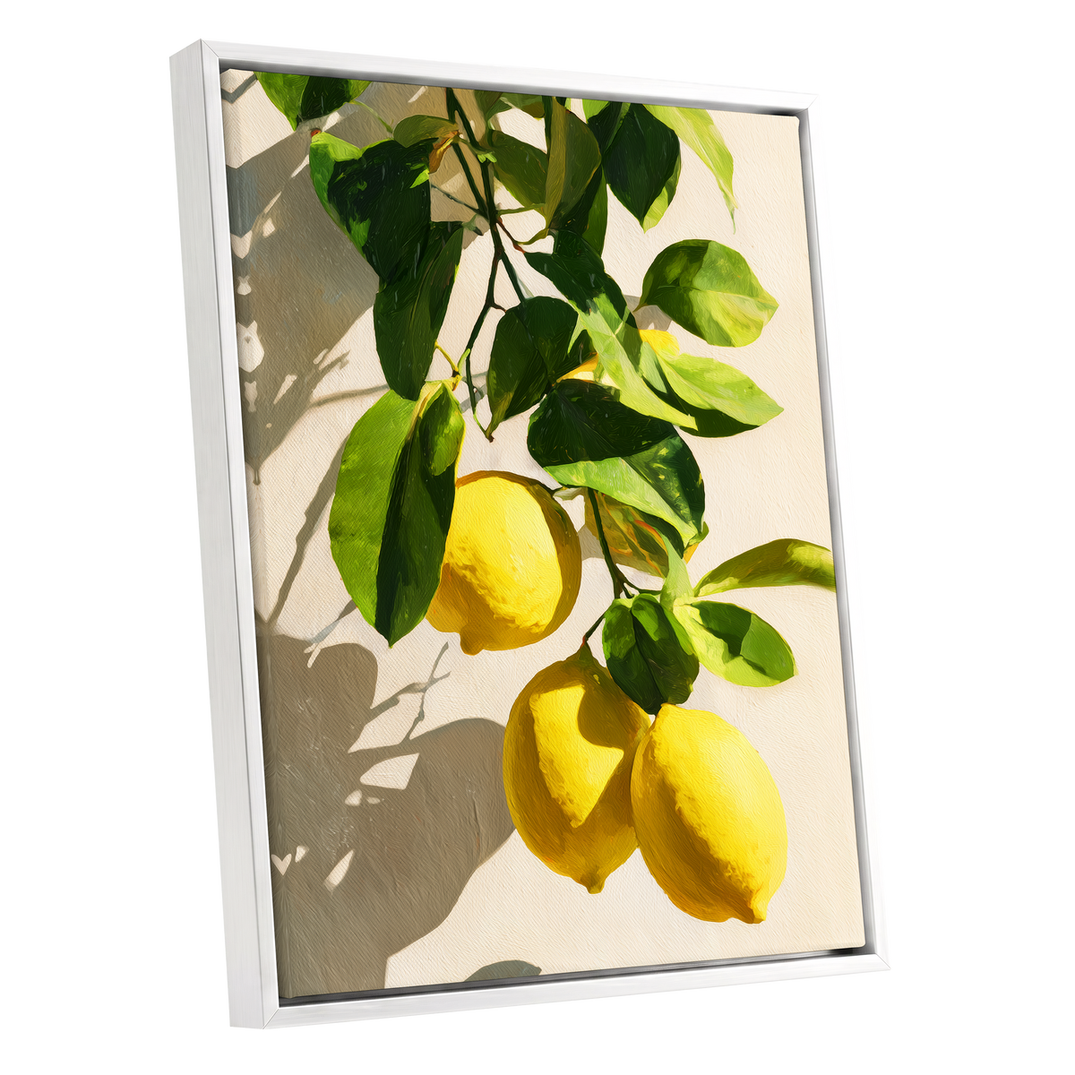 Citrus in High Summer, green, yellow, beige nature wall art shown as a white framed canvas wall art