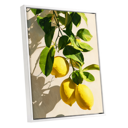 Citrus in High Summer, green, yellow, beige nature wall art shown as a white framed canvas wall art