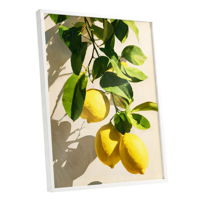 Citrus in High Summer, green, yellow, beige nature wall art shown as a white framed poster wall art print