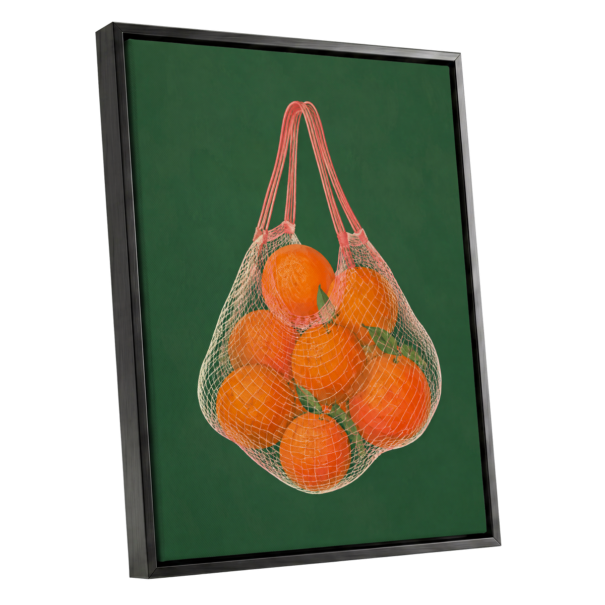 Citrus in the Air, orange, green, pink nature wall art shown as a black framed canvas wall art