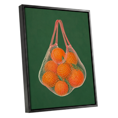 Citrus in the Air, orange, green, pink nature wall art shown as a black framed canvas wall art