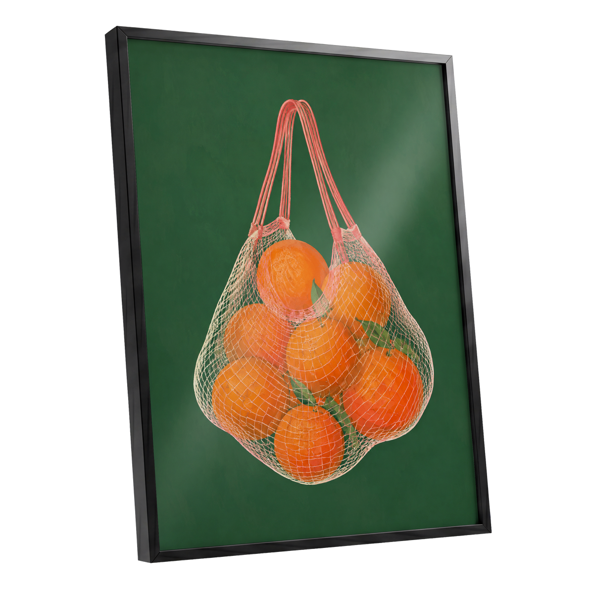 Citrus in the Air, orange, green, pink nature wall art shown as a black framed poster wall art print