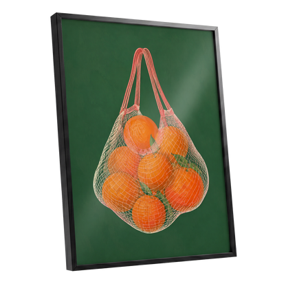 Citrus in the Air, orange, green, pink nature wall art shown as a black framed poster wall art print
