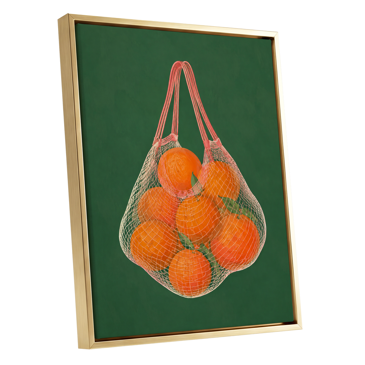 Citrus in the Air, orange, green, pink nature wall art shown as a gold framed canvas wall art