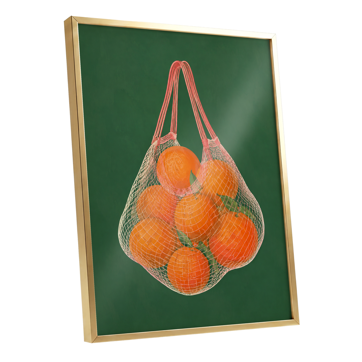 Citrus in the Air, orange, green, pink nature wall art shown as a gold framed poster wall art print