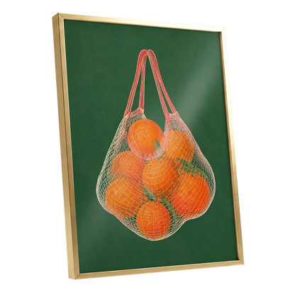 Citrus in the Air, orange, green, pink nature wall art shown as a gold framed poster wall art print