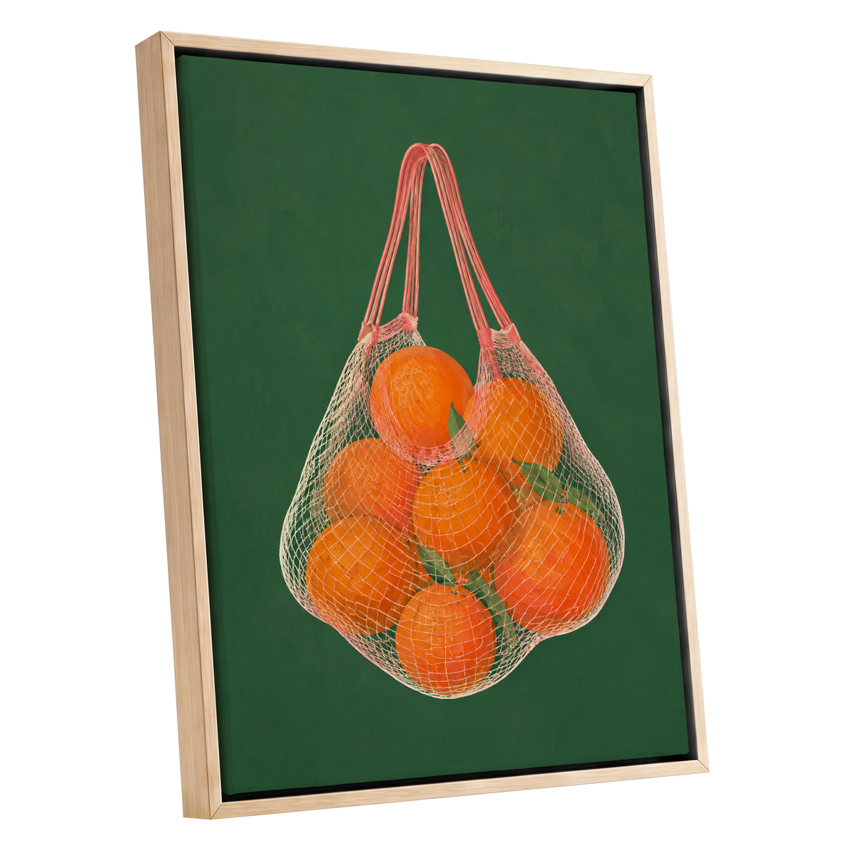 Citrus in the Air, orange, green, pink nature wall art shown as a oak framed canvas wall art