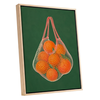 Citrus in the Air, orange, green, pink nature wall art shown as a oak framed canvas wall art
