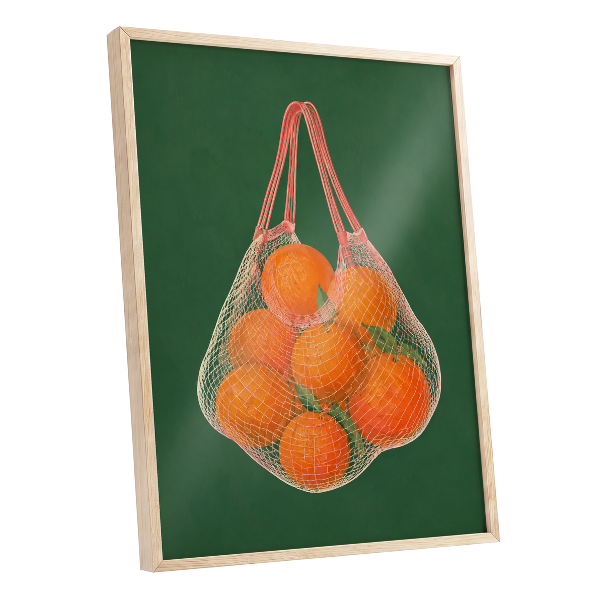 Citrus in the Air, orange, green, pink nature wall art shown as a oak framed poster wall art print