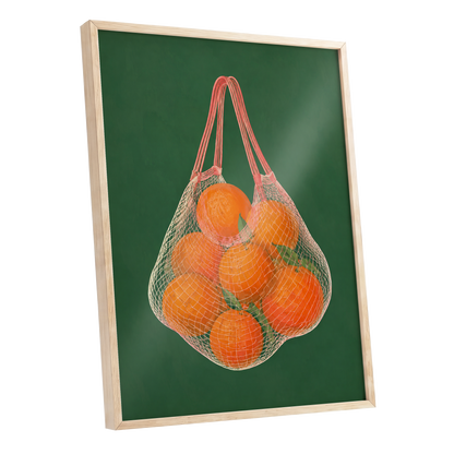 Citrus in the Air, orange, green, pink nature wall art shown as a oak framed poster wall art print