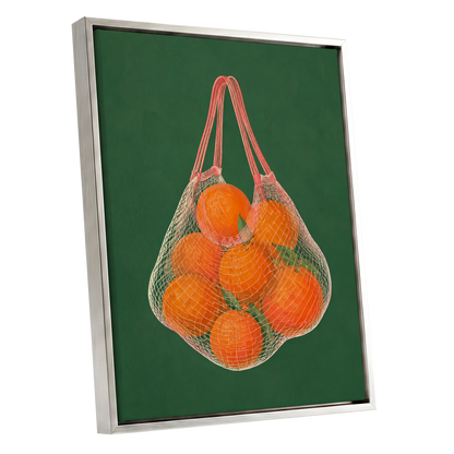 Citrus in the Air, orange, green, pink nature wall art shown as a silver framed canvas wall art