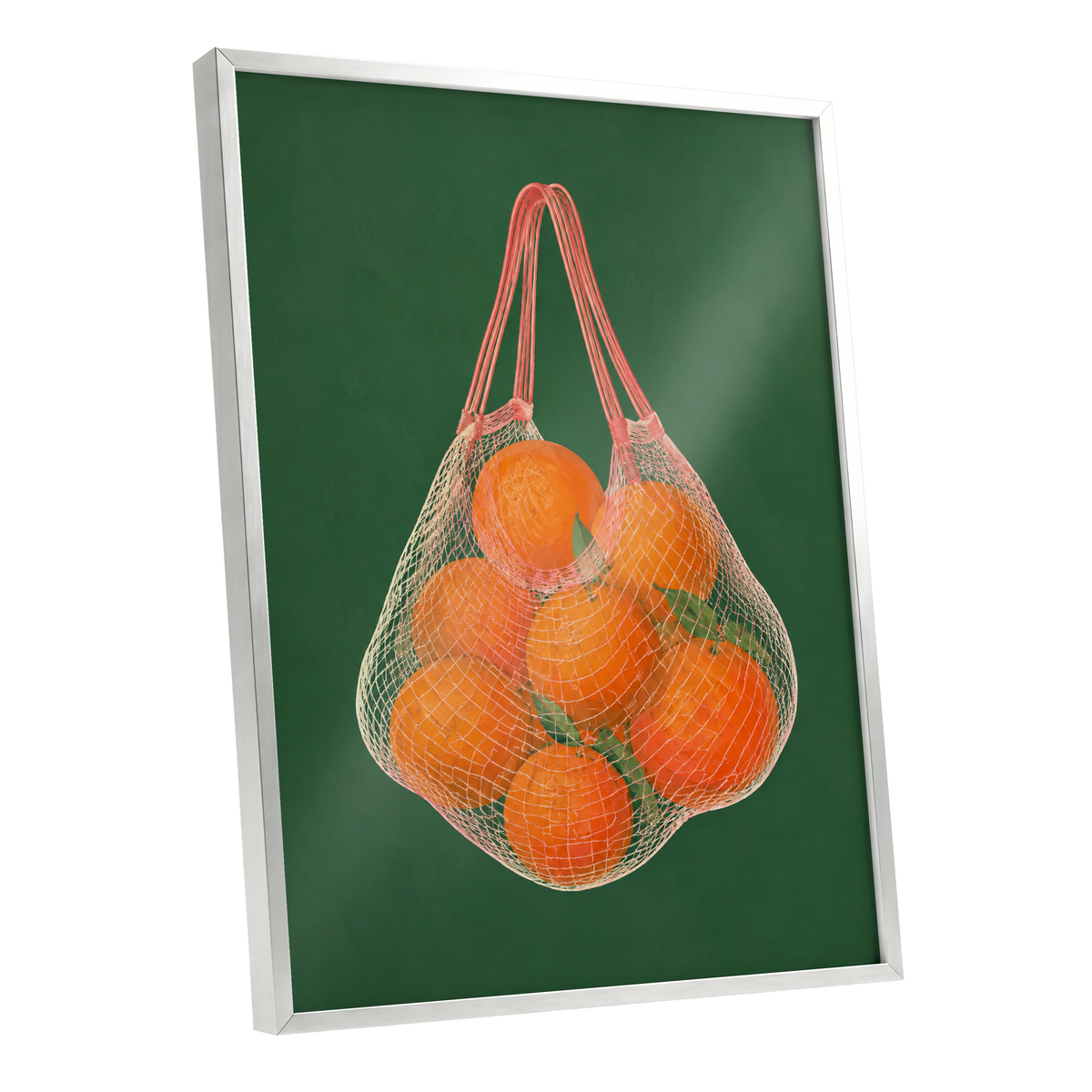 Citrus in the Air, orange, green, pink nature wall art shown as a silver framed poster wall art print