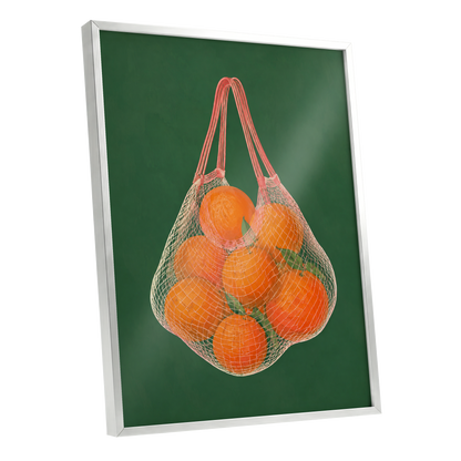 Citrus in the Air, orange, green, pink nature wall art shown as a silver framed poster wall art print