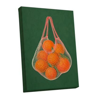 Citrus in the Air, orange, green, pink nature wall art shown as a stretched canvas wall art
