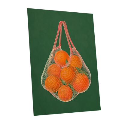 Citrus in the Air, orange, green, pink nature wall art shown as a unframed poster wall art print