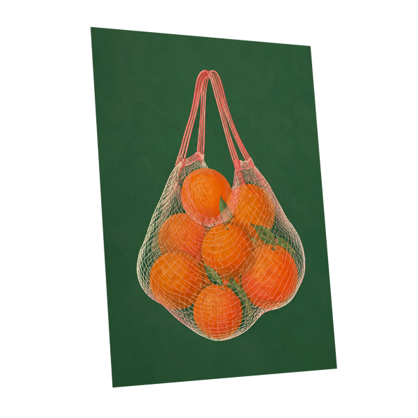 Citrus in the Air, orange, green, pink nature wall art shown as a unframed poster wall art print