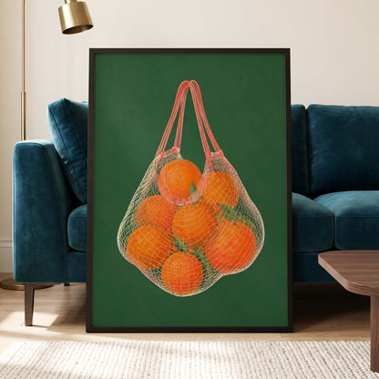 Citrus in the Air, orange, green, pink nature wall art displayed in a styled interior, gallery view 2