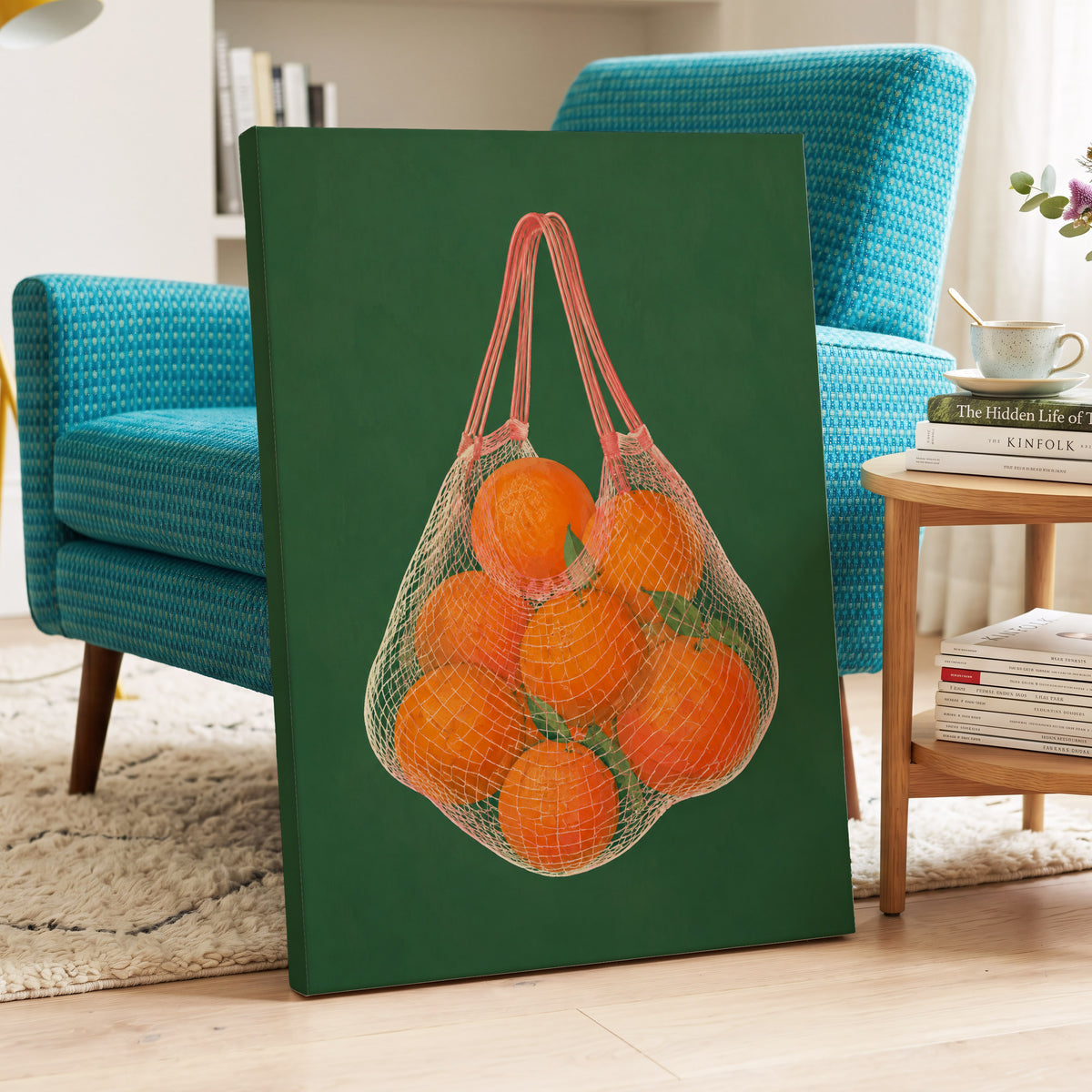 Citrus in the Air, orange, green, pink nature wall art displayed in a styled interior, gallery view 3