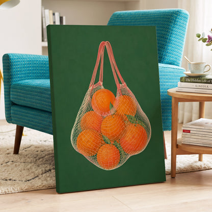 Citrus in the Air, orange, green, pink nature wall art displayed in a styled interior, gallery view 3