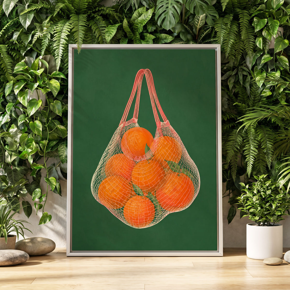 Citrus in the Air, orange, green, pink nature wall art displayed in a styled interior, gallery view 4