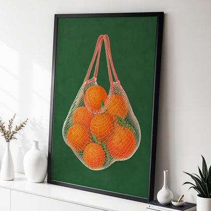 Citrus in the Air, orange, green, pink nature wall art displayed in a styled interior, gallery view 6