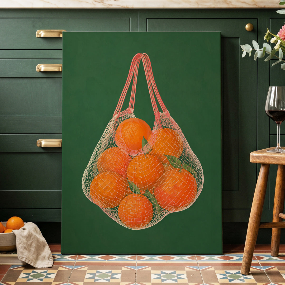 Citrus in the Air, orange, green, pink nature wall art displayed in a styled interior, gallery view 7