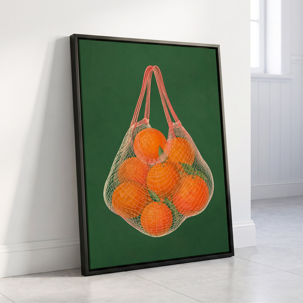 Citrus in the Air, orange, green, pink nature wall art displayed in a styled interior, gallery view 8