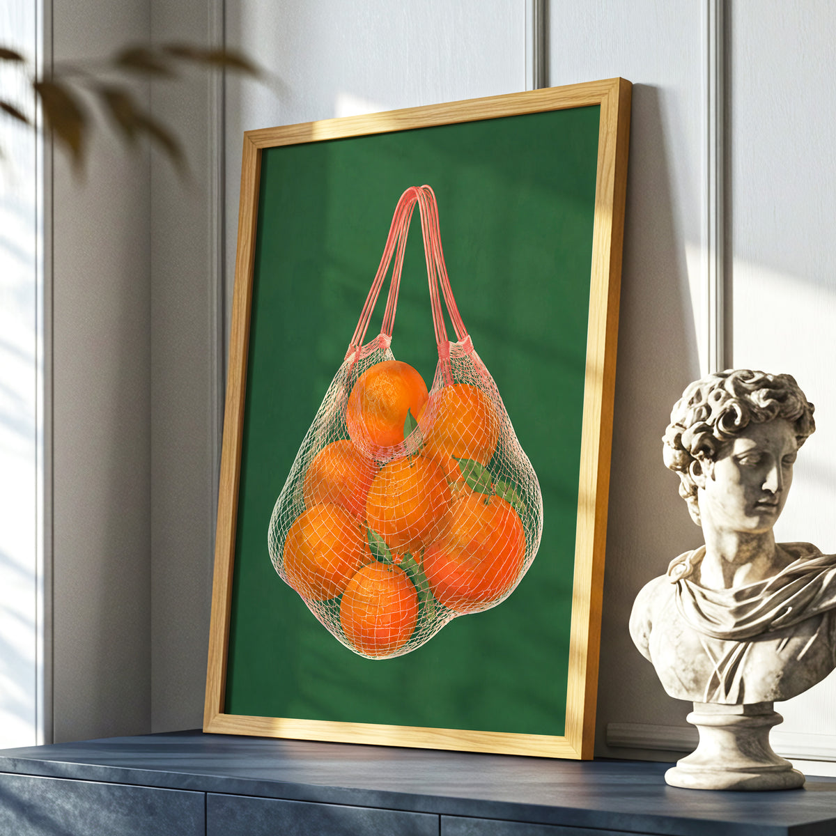 Citrus in the Air, orange, green, pink nature wall art displayed in a styled interior, gallery view 9