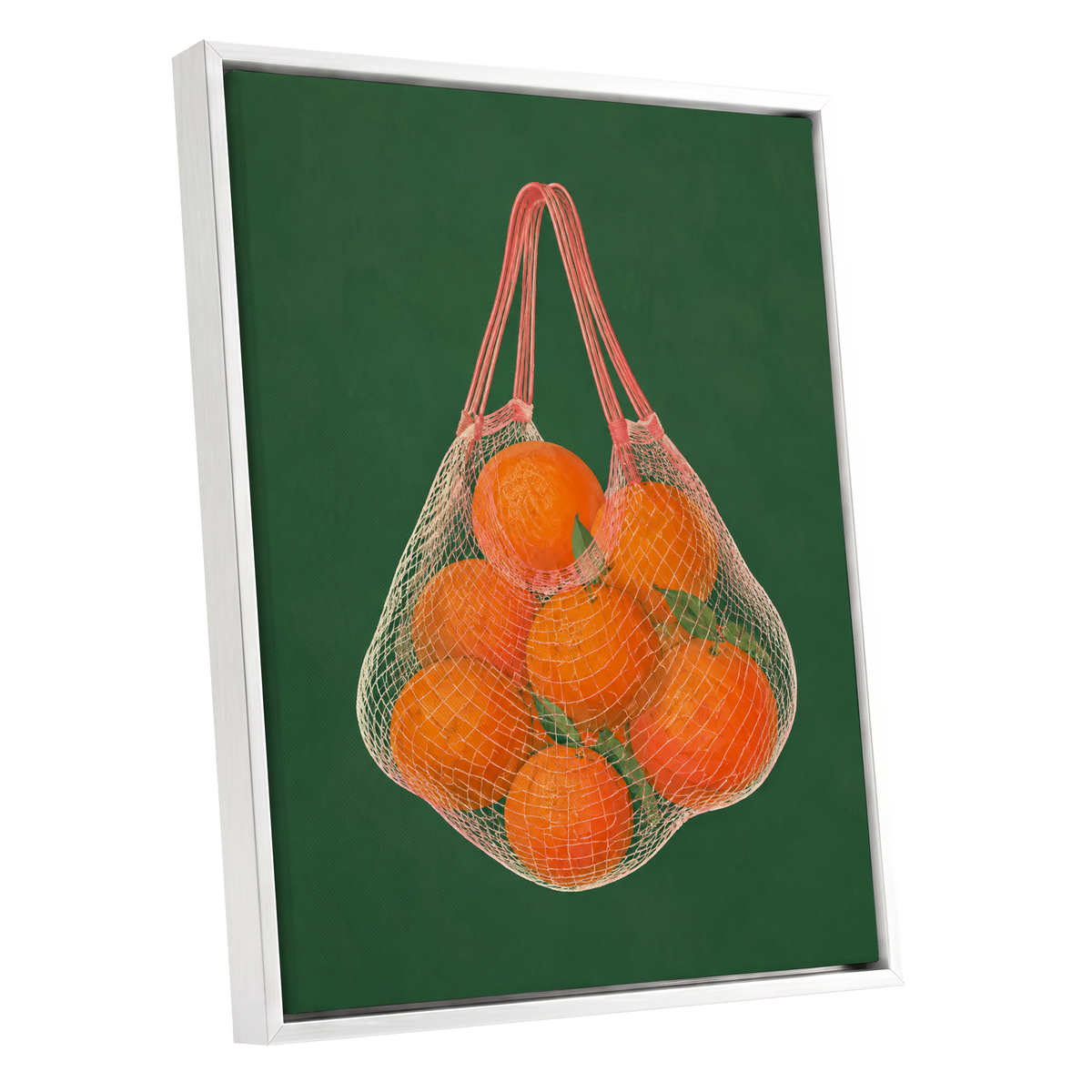 Citrus in the Air, orange, green, pink nature wall art shown as a white framed canvas wall art