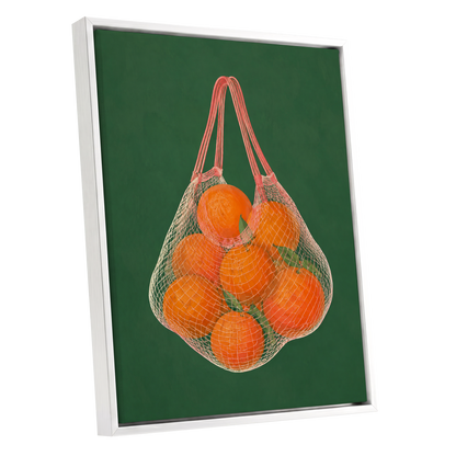 Citrus in the Air, orange, green, pink nature wall art shown as a white framed canvas wall art