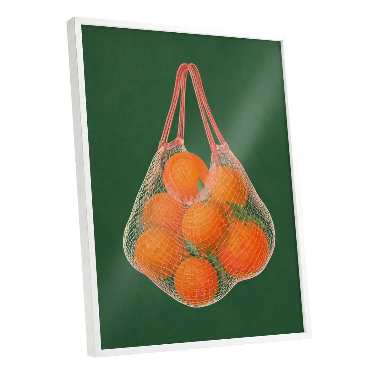 Citrus in the Air, orange, green, pink nature wall art shown as a white framed poster wall art print
