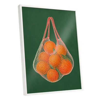 Citrus in the Air, orange, green, pink nature wall art shown as a white framed poster wall art print