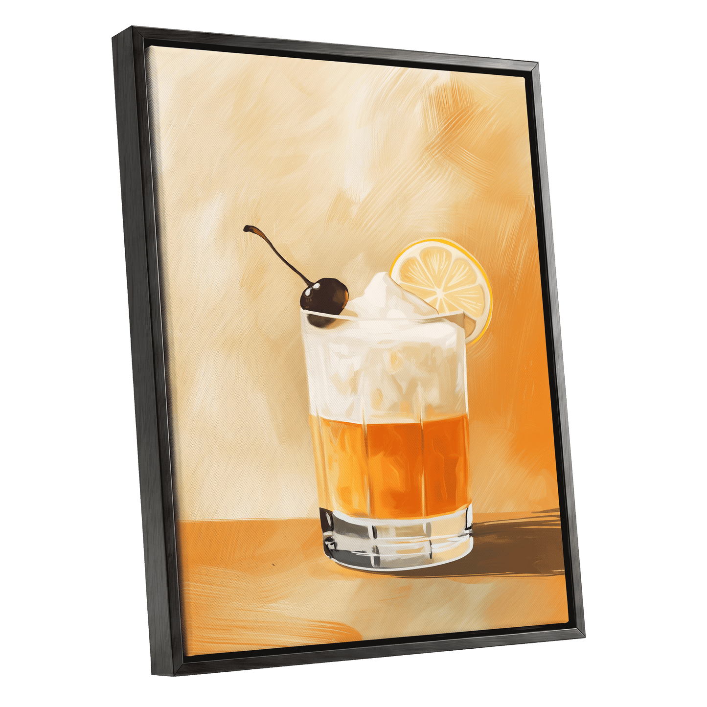 Citrus Nightcap, orange, beige, white minimalist wall art shown as a black framed canvas wall art