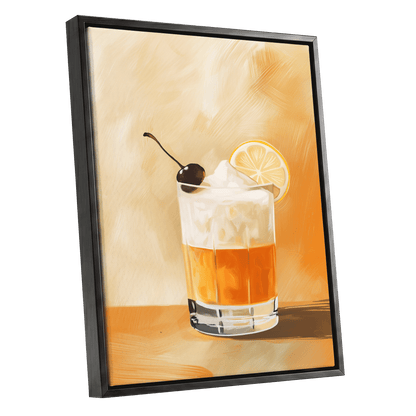 Citrus Nightcap, orange, beige, white minimalist wall art shown as a black framed canvas wall art