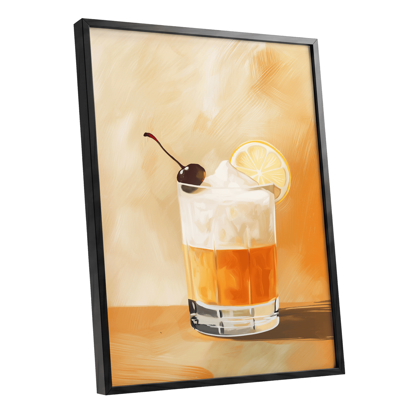Citrus Nightcap, orange, beige, white minimalist wall art shown as a black framed poster wall art print